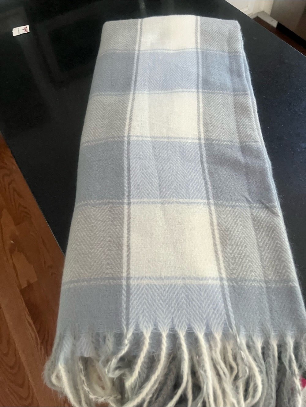 Vince Camuto Light Blue and Cream Plaid Fringed Wrap